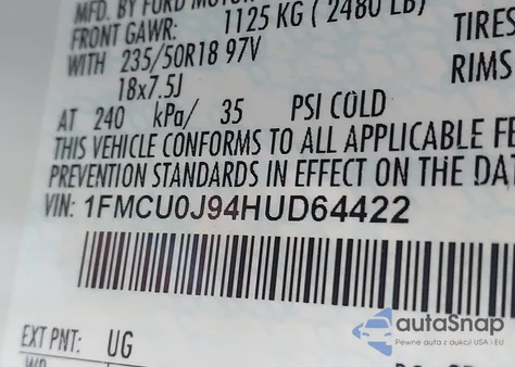 2017 Ford Escape Titanium z USA, uszkodzony, nr VIN 1FMCU0J94HUD64422
